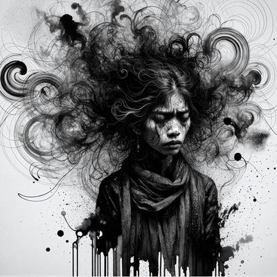 The primary subject of the image is a woman with long hair, who appears to be sad or distressed. She is wearing a scarf and has a black and white color scheme. The setting is a black and white background, which adds to the overall mood of the image. The visual style is a drawing or illustration, with the woman's hair and facial features being the main focus of the artwork. The colors and mood of the image are predominantly black and white, creating a sense of depth and